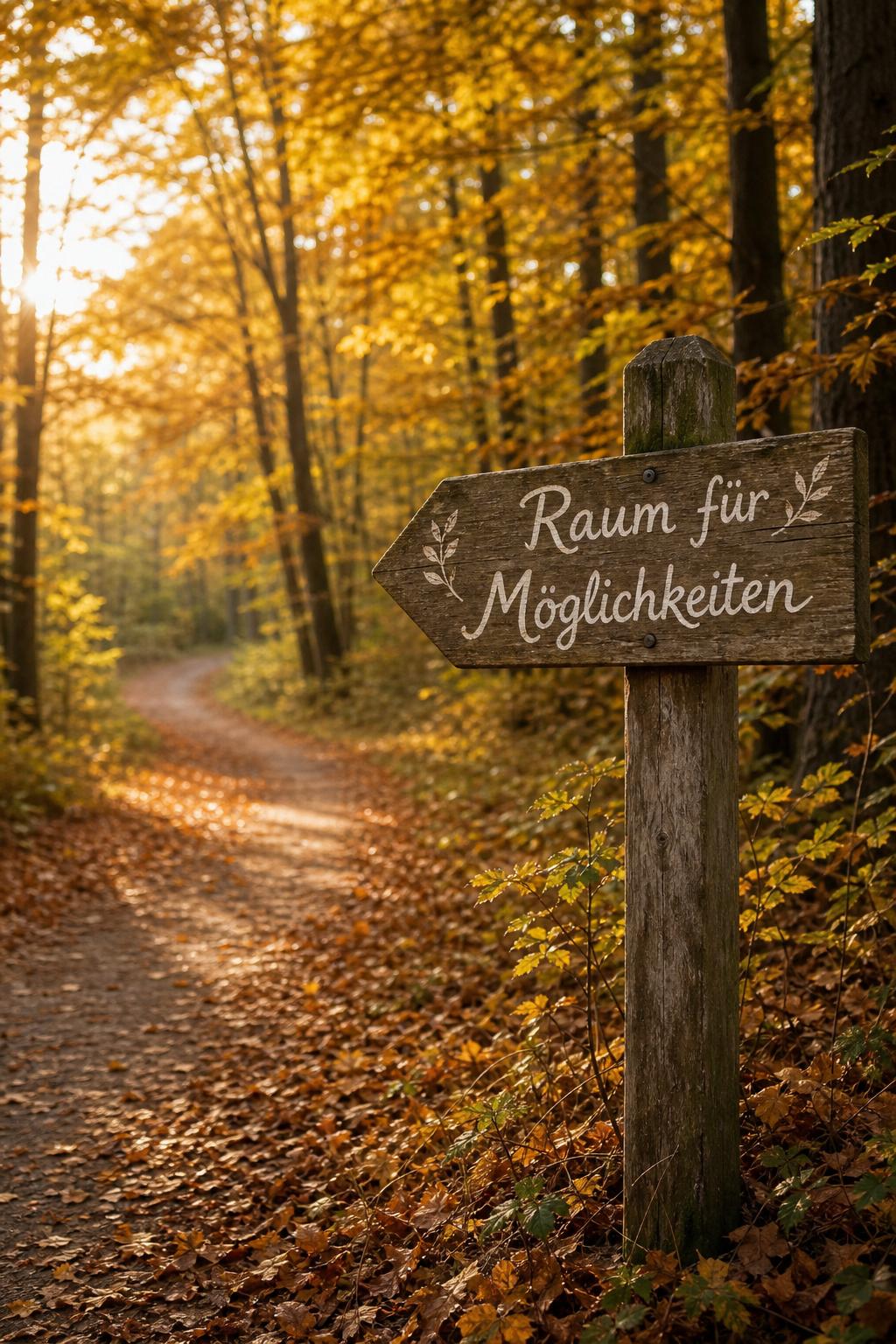 Hölzerner Wegweiser mit der Aufschrift Raum für Möglichkeiten an einem herbstlichen Waldweg